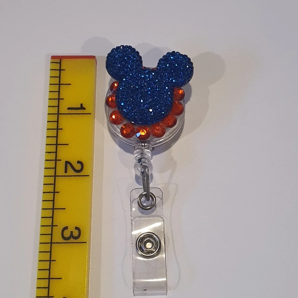 Blue Mouse Rhinestone Retractable Badge Reel‎ ID Holder Orange Sparkle Disney